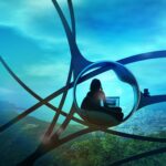 Women in bubble looking over green and city