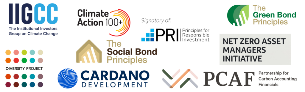 Our partners: IIGCC - Climate Action 100+ - PRI - The Green Bond Principles - Diversity Project - Cadano Development - The Social Bond Principles - Net Zero Managers Initiative - PCAF